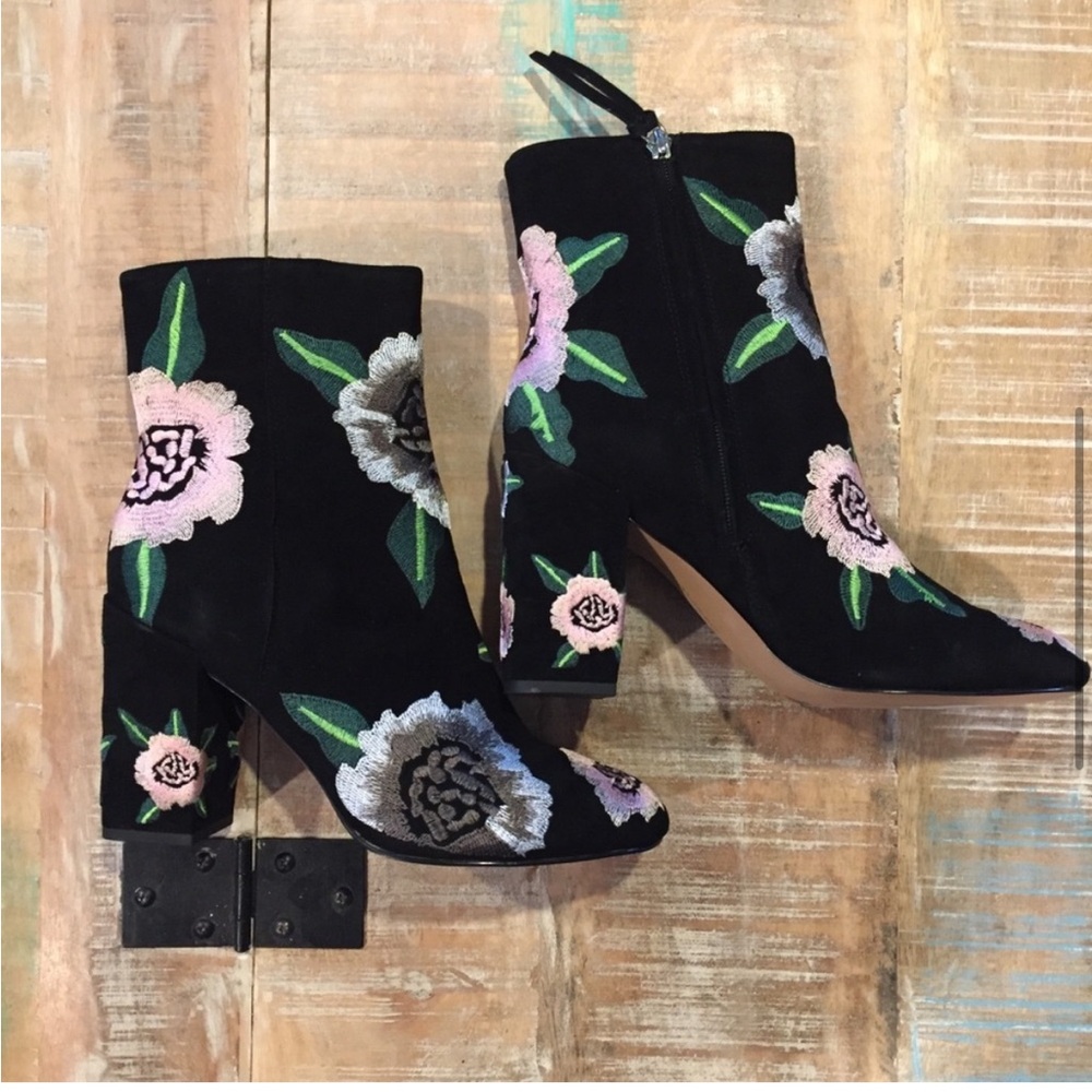 Rebecca Minkoff Black and Pink Heeled Boots with Floral Embroidery